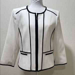 KASPER White Textured Zip-Front Blazer with Black Trim